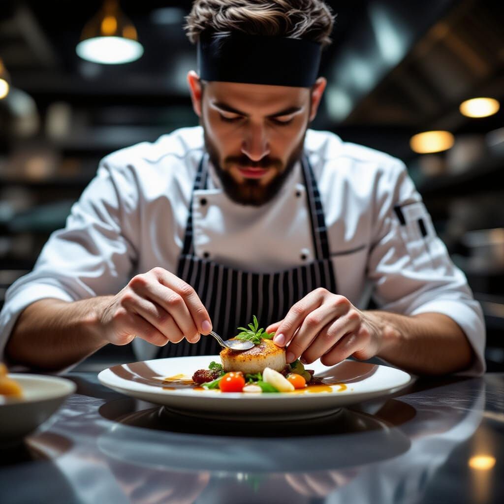 Chef Prepares Gourmet Dish with Bokeh Effect