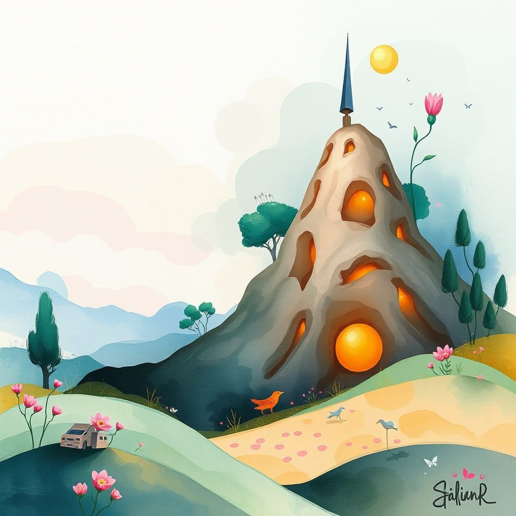 Magical Surreal Landscape in Watercolor Impressionistic Styl...