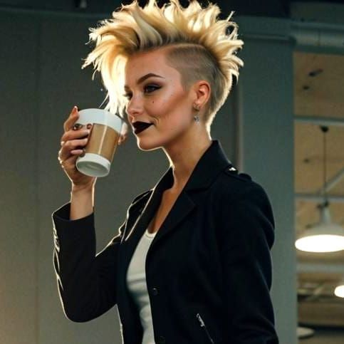 Stylish Woman with Mohawk Enjoying Coffee Break