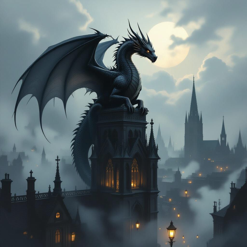 Ancient Dragon Over Foggy Victorian City