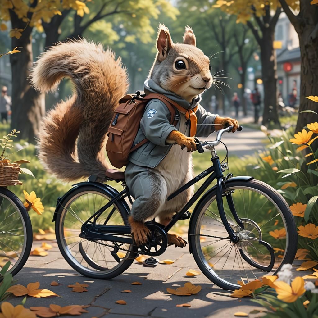 Cute Squirrel Rides Bicycle in 3D Anime Art