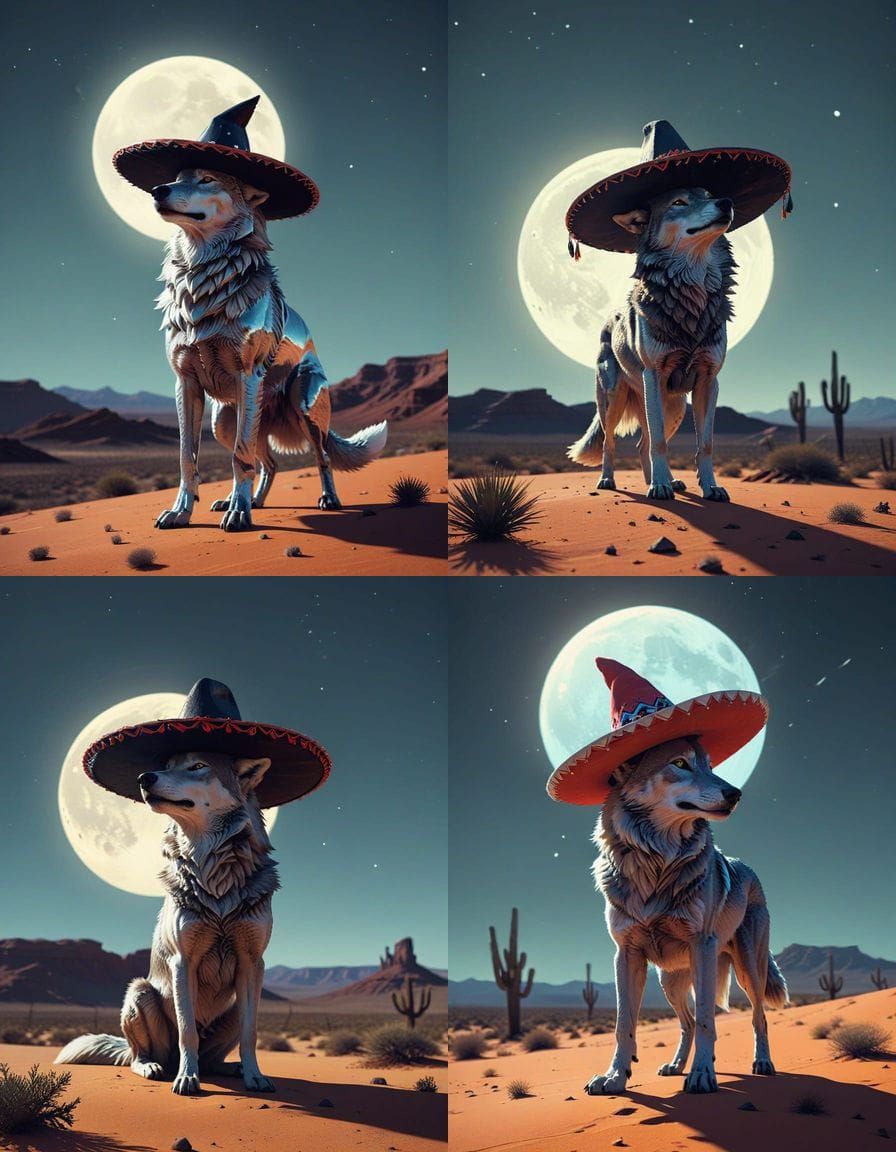 Chrome Wolf with Sombrero Howling at Moon