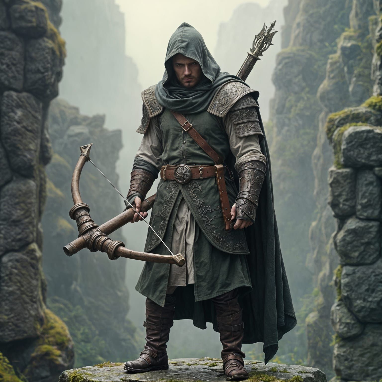 Fantasy Fighter in Ruins with Crossbow, DnD Style