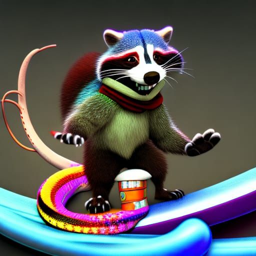 Raccoon on Train with Snake Whip: Pixar-Style 3D Art