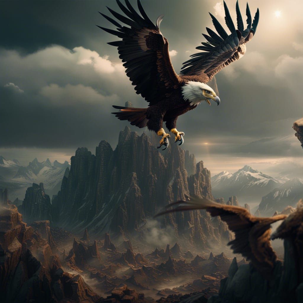 Epic Eagles and Wolves in Dramatic Landscape