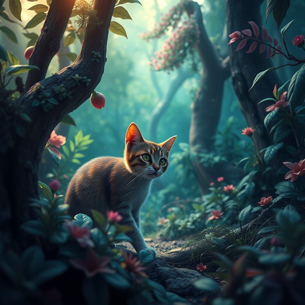 Cat Exploring Enchanted Forest in Fantasy Style
