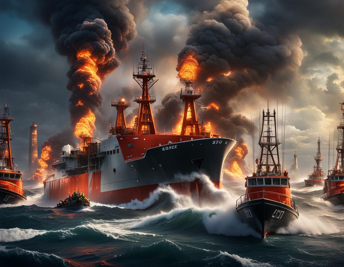 Offshore wind turbines have been sabotaged. Fire boats are fighting hard to control the blaze