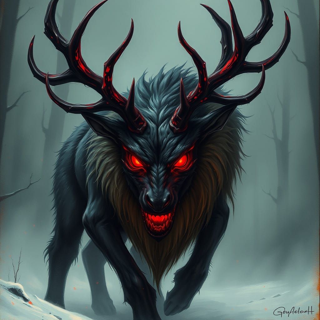 Eerie Winter Beast in a Dark Fantasy Landscape