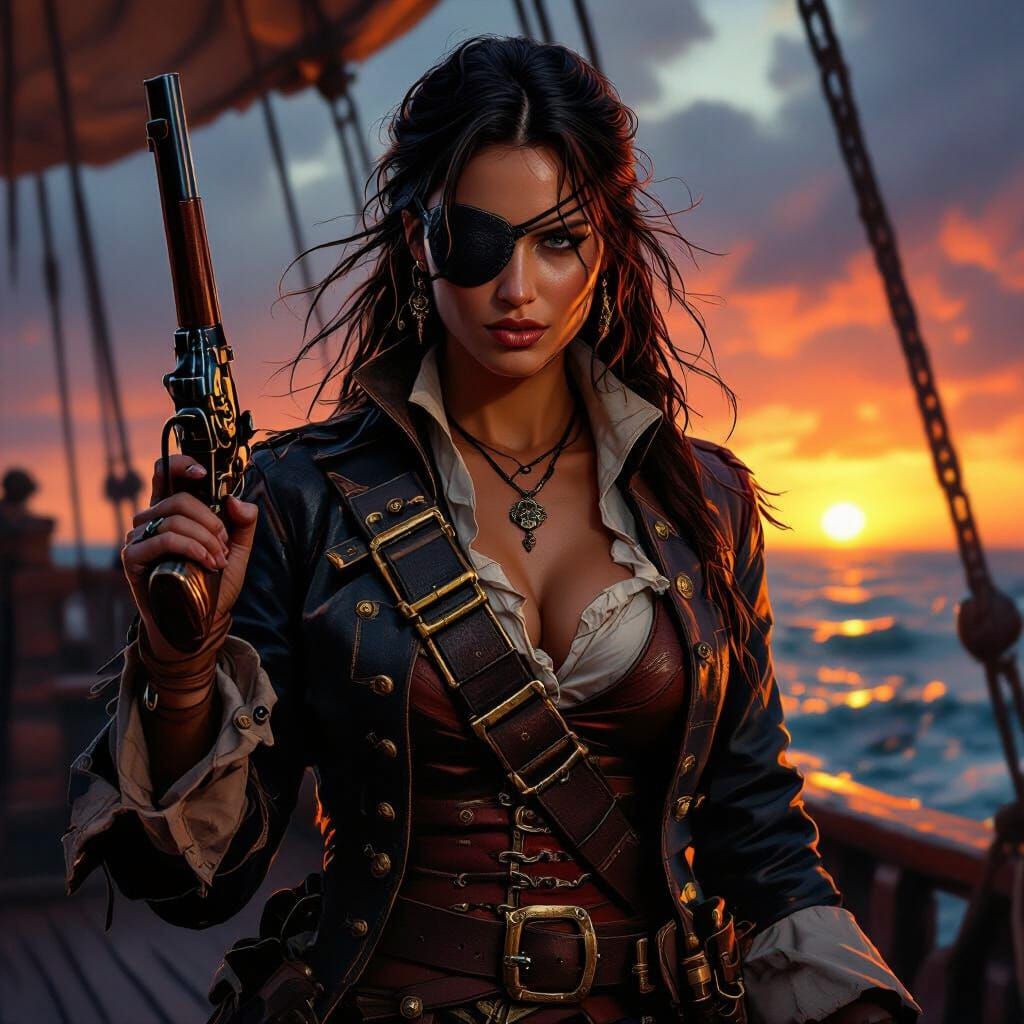 Female Pirate with Pistol in Stormy Sunset Oil Painting