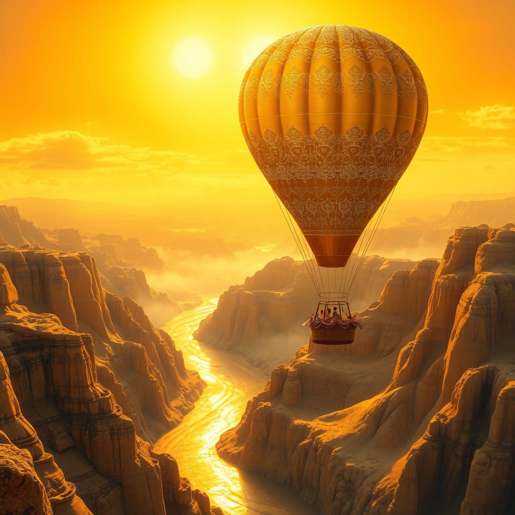 Golden Air Balloon in a Dreamlike Valley