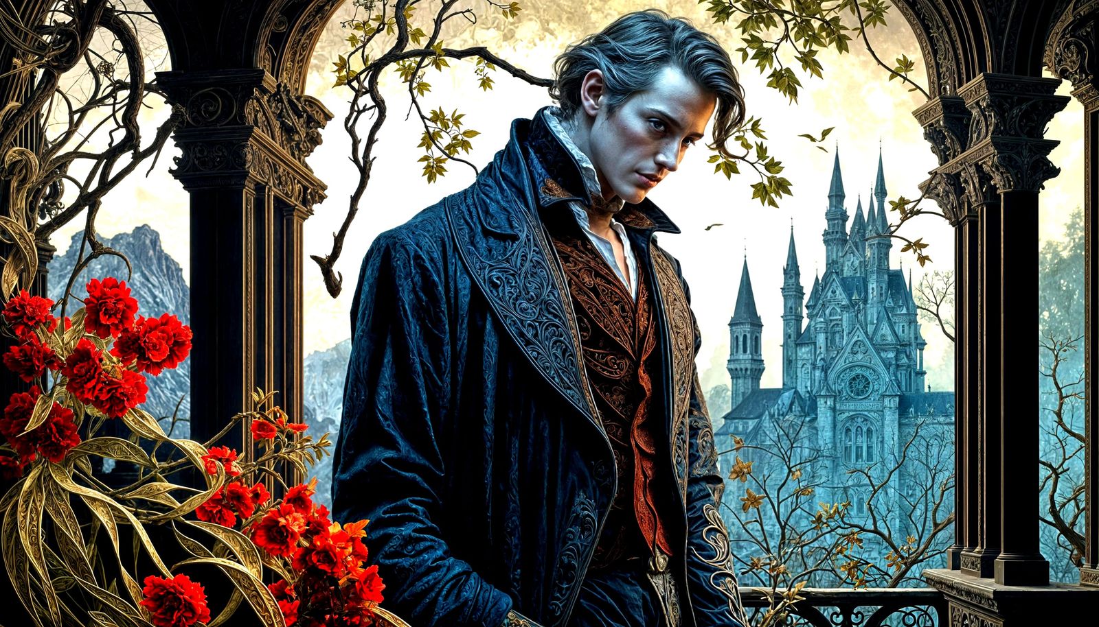 Vampire in Victorian Balcony with Orchids Lithograph