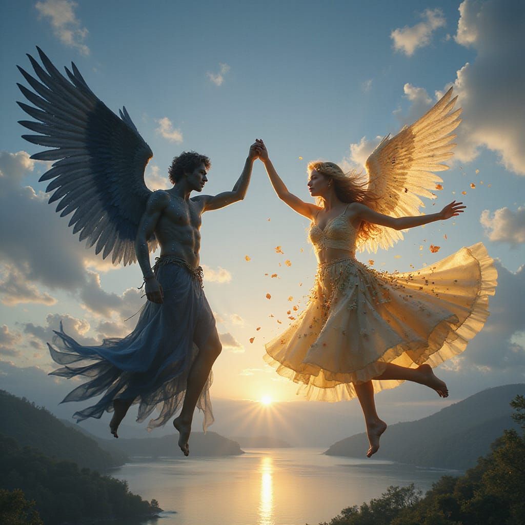 Angels of Light and Dark Dance in Twilight Sky