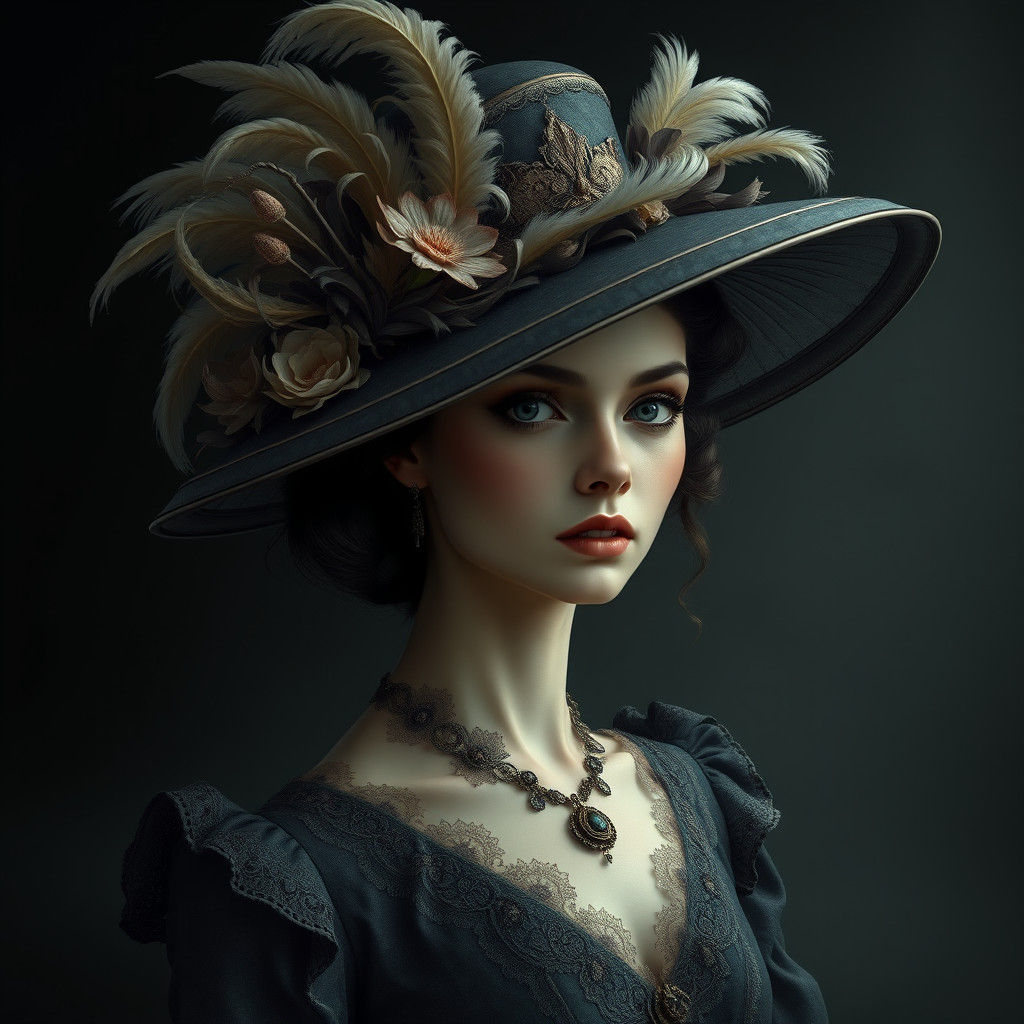 Elegant Lady in Hat: Victorian-Inspired Art Nouveau Portrait
