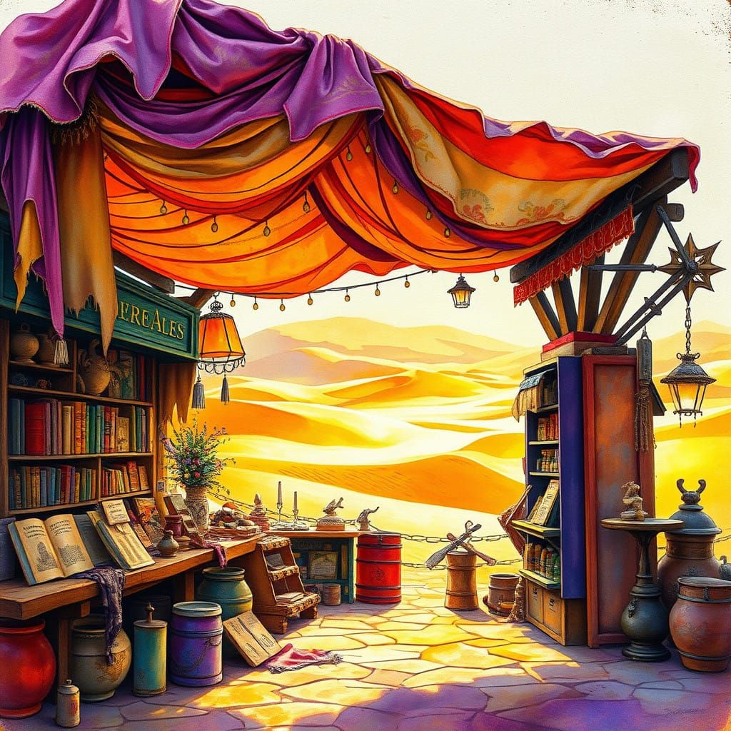 Exquisite Watercolour Desert Market Stall with Vibrant Awnin...