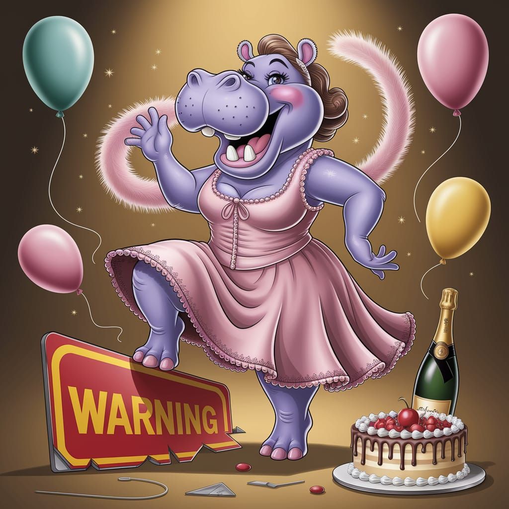 Joyful Hippo's Whimsical Dance on Warning Sign