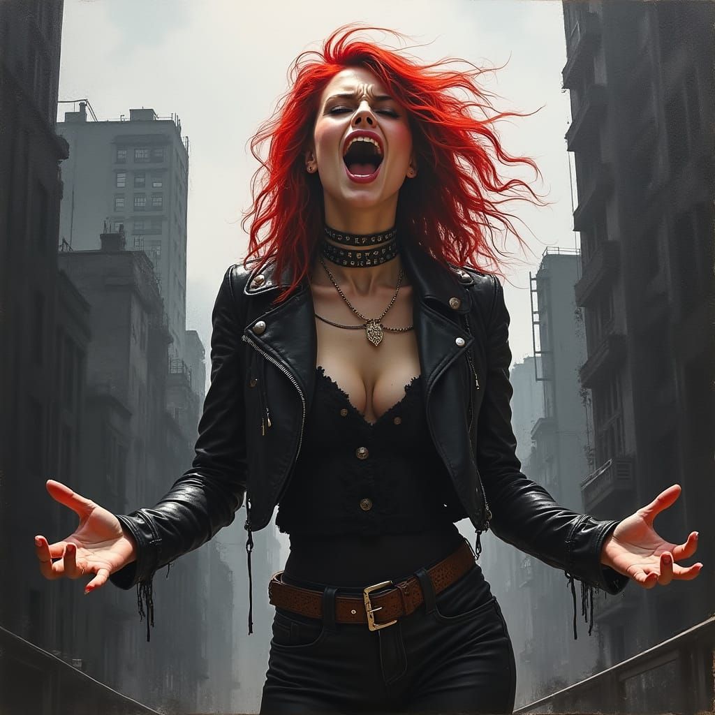 Defiant Woman Shouts in Dystopian Punk Cityscape