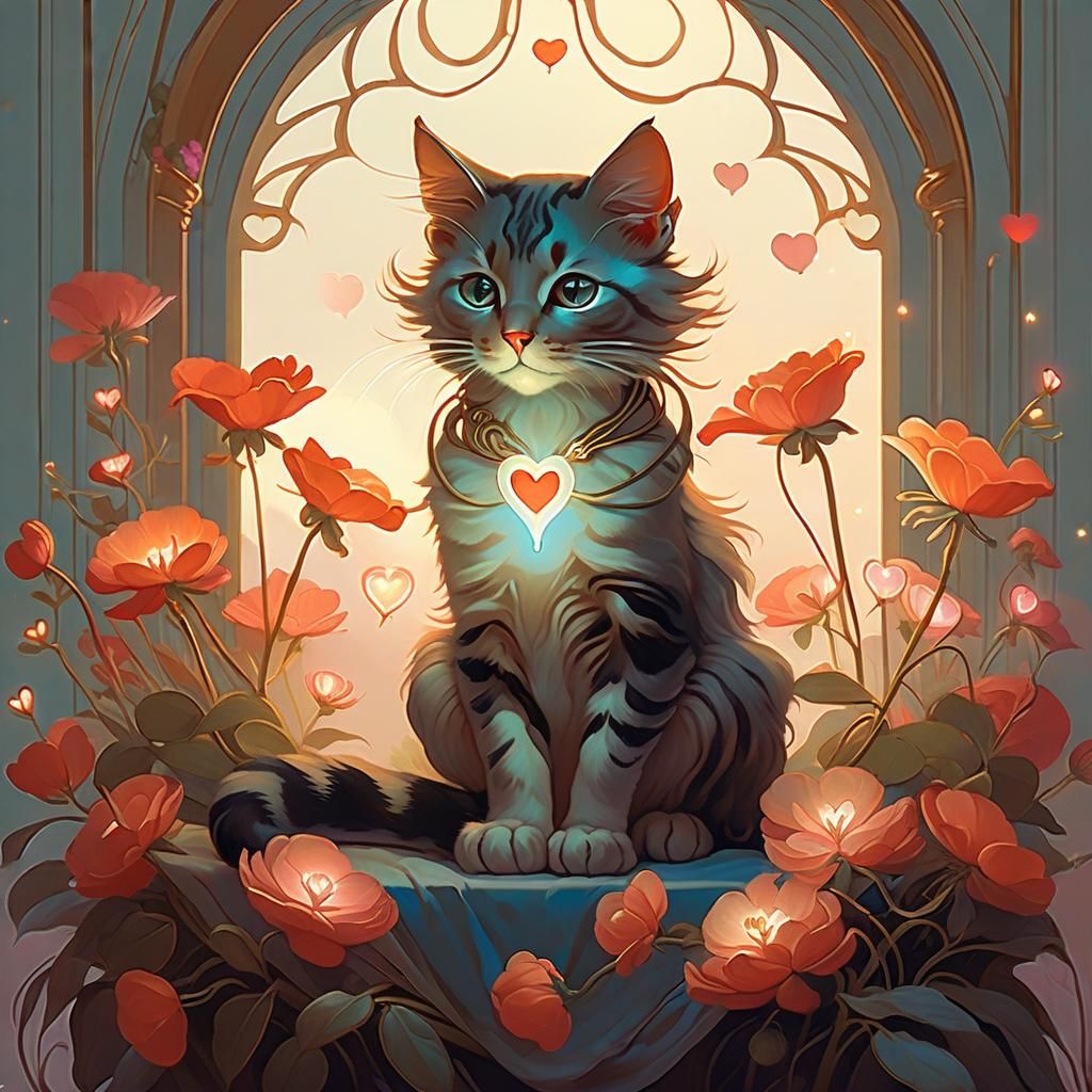 Cute Cat with Flowers in Ethereal Style