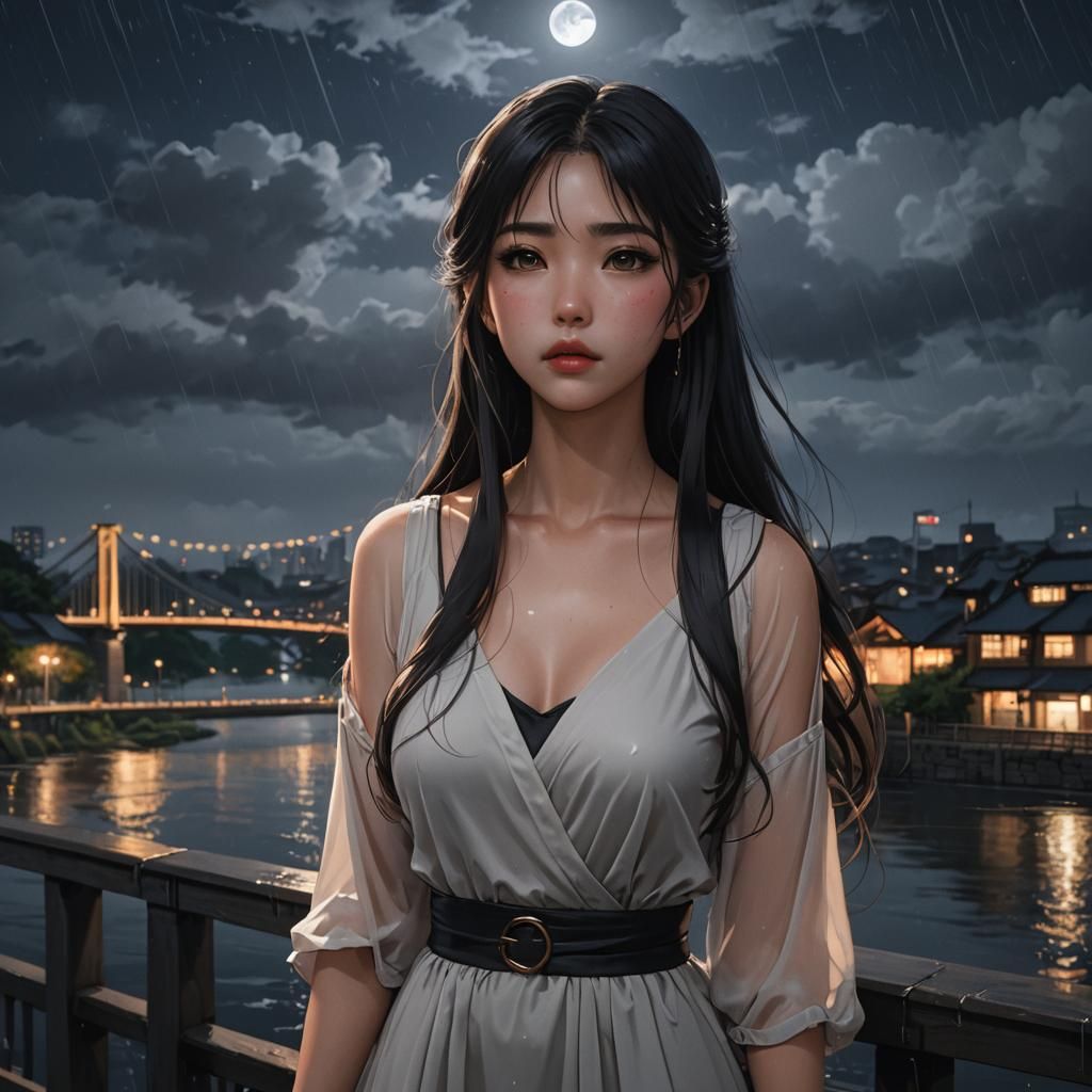 Anime Girl on Bridge in Soft Rain