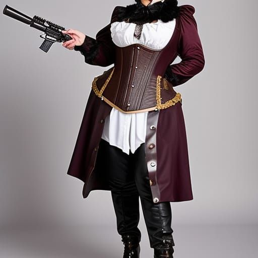 Steampunk Woman with Sniper Rifle and Victorian Coat