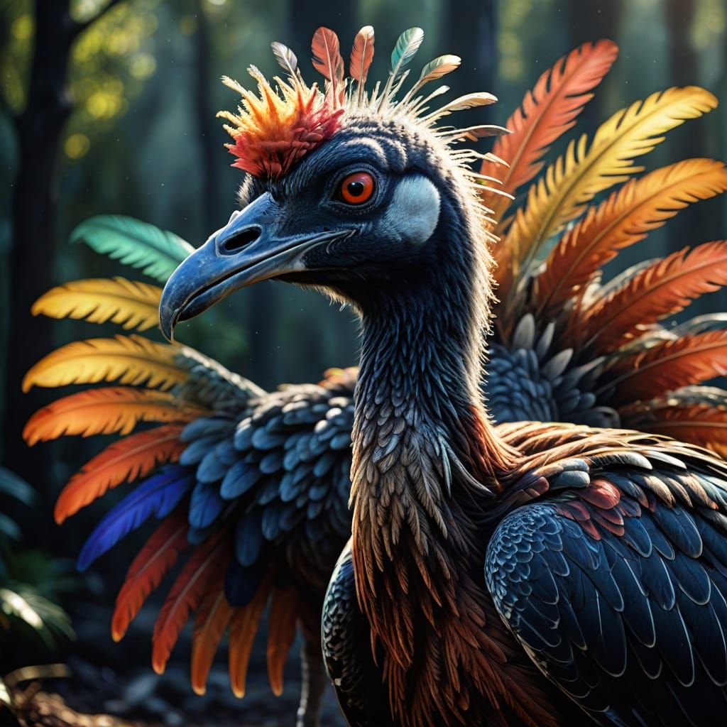 Hyperrealistic Moa with Intricate Colorful Plumage