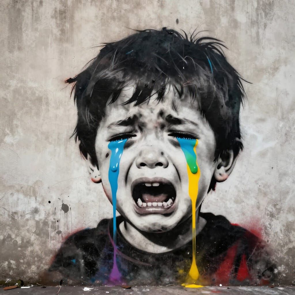 Child Crying Colorful Tears in Stencil Style