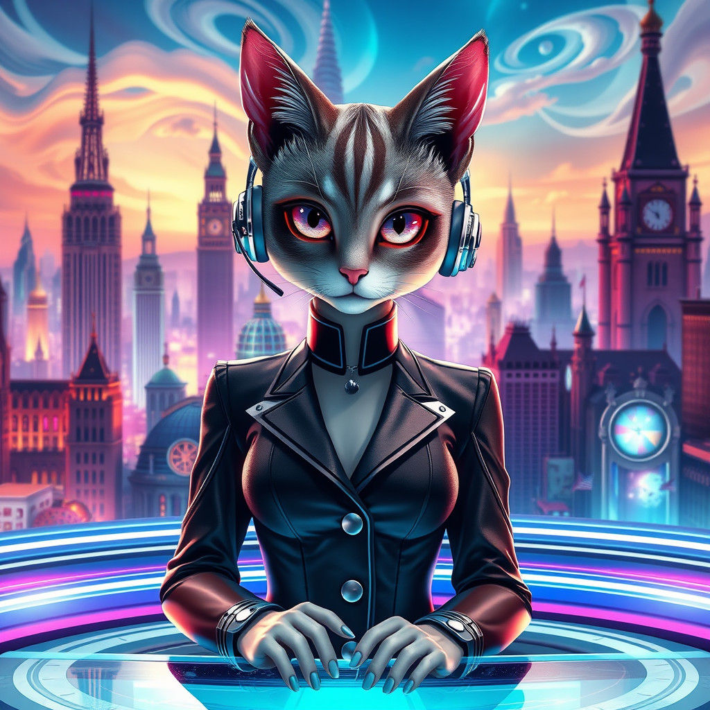 Girlcat News Anchor in Dreamlike Cityscape