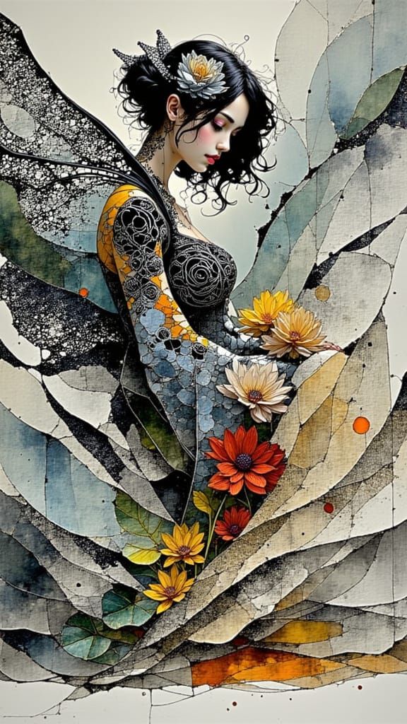 A stunning woman with intricate, swirling patterns etched in...