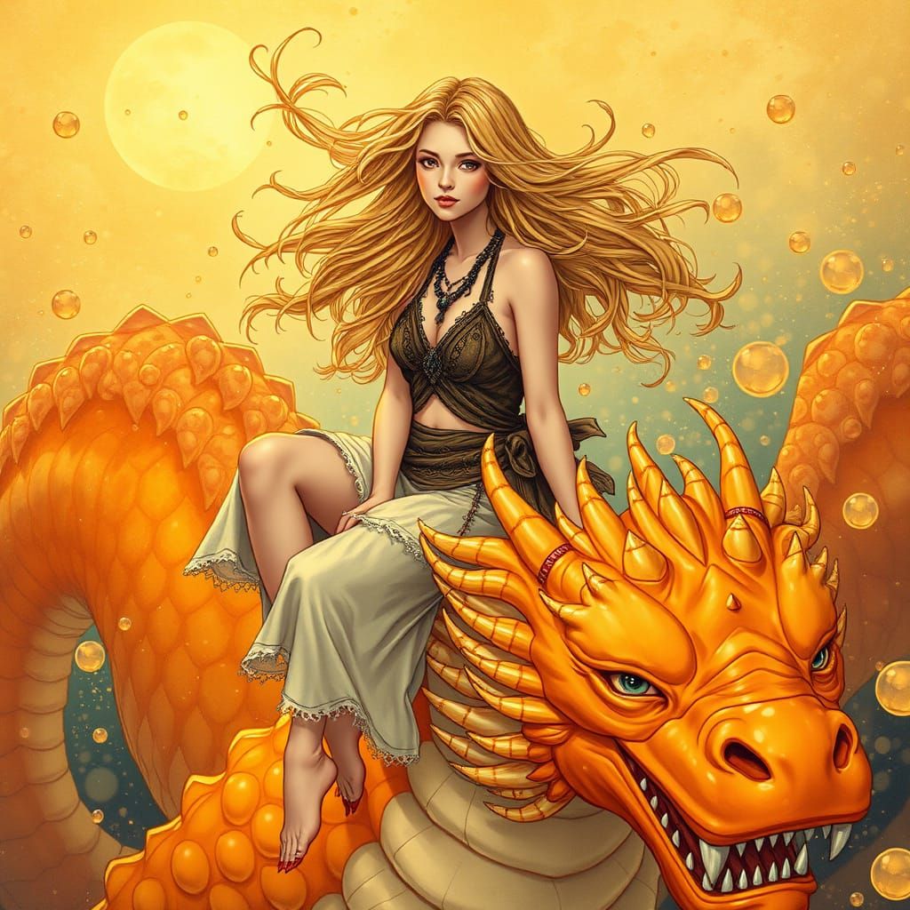 Bohemian Woman Riding Gummy Dragon in Soda Sea