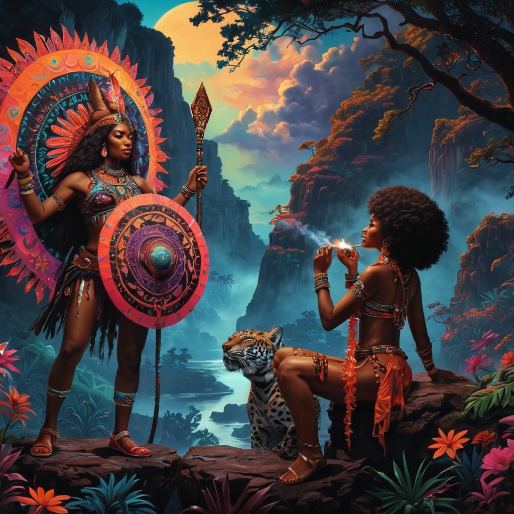 Psychedelic Aztec Warrior in Retro Black Velvet Art