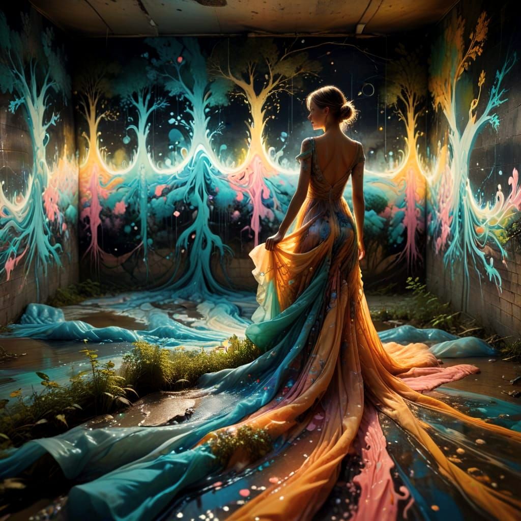 Feminine Life Force in Australian Forest, Cyberpunk Graffiti...