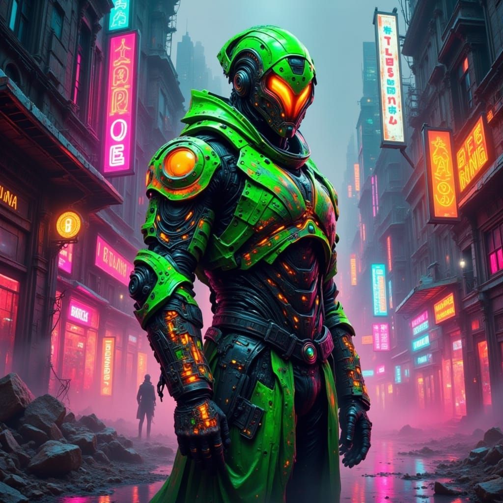 Cyberpunk Warrior in Ruined Cityscape