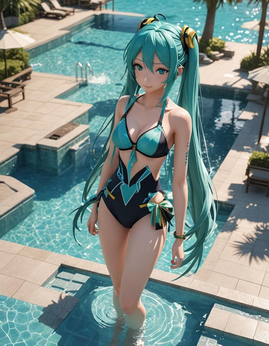 "Hatsune Miku In a blue bikini standing by a pool in a resor...