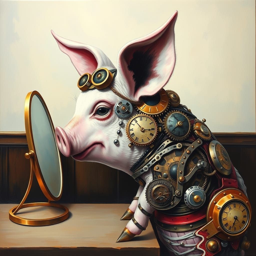Steampunk Pig in Mirror, Impasto Acrylic Painting