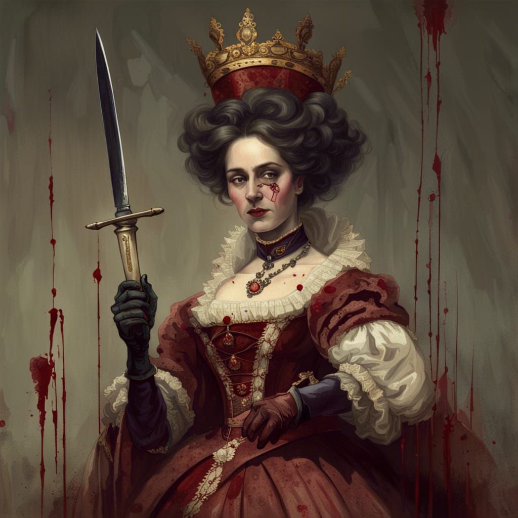 Victorian Queen with Bloody Hands Holding Knife