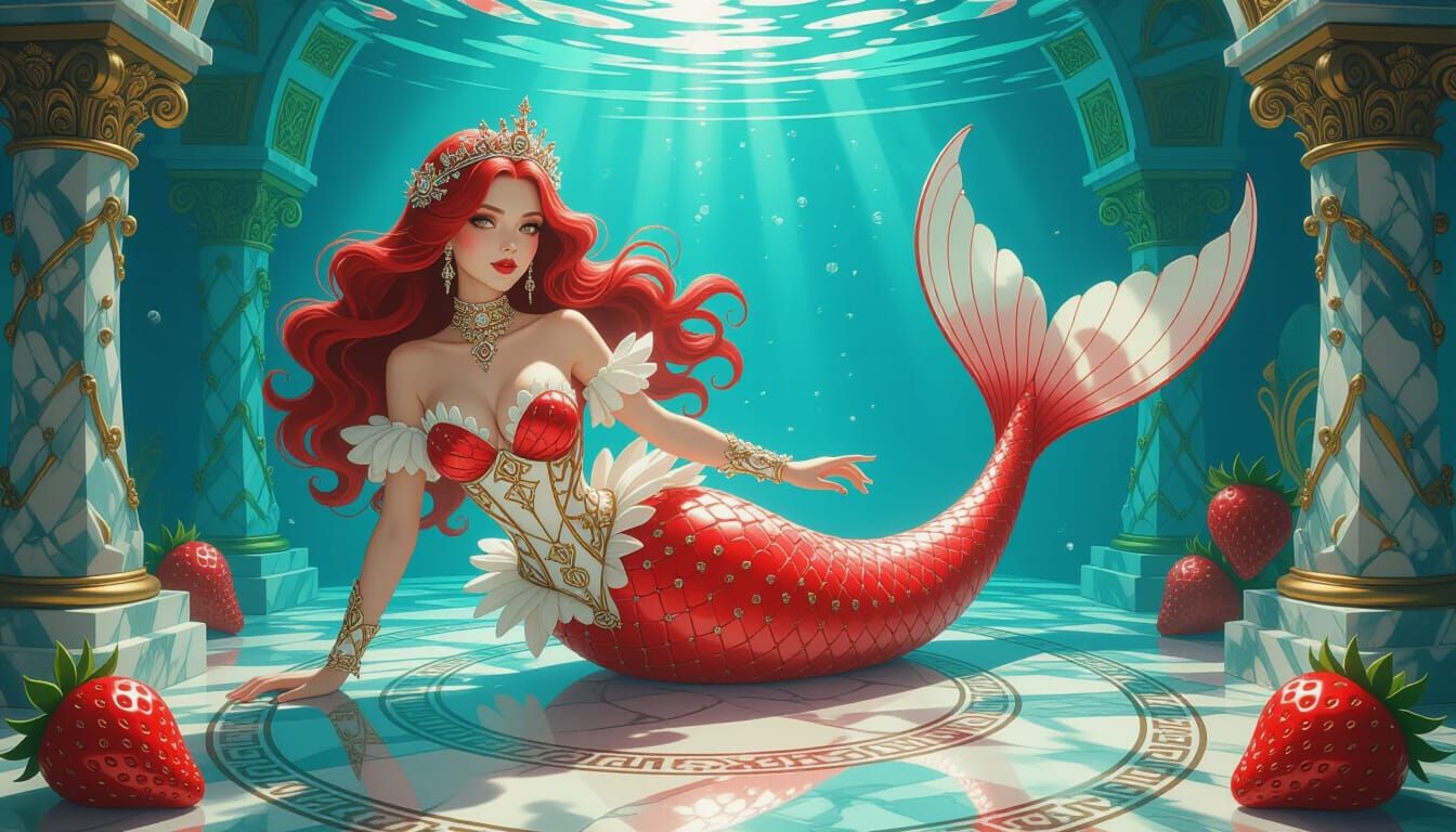 Steampunk Strawberry Mermaid Queen in Marble Chamber