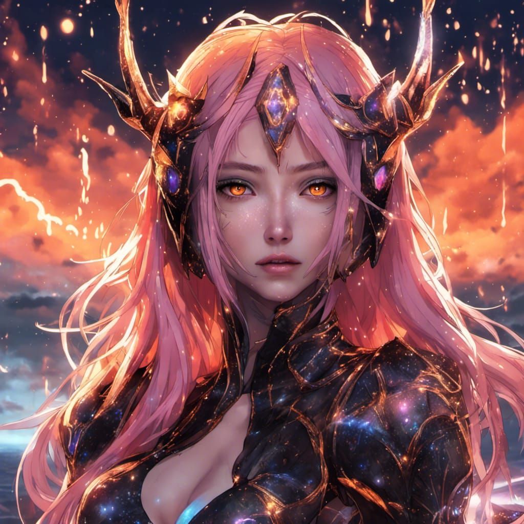 Neon-Haired Woman on Throne in Dark Fantasy Style