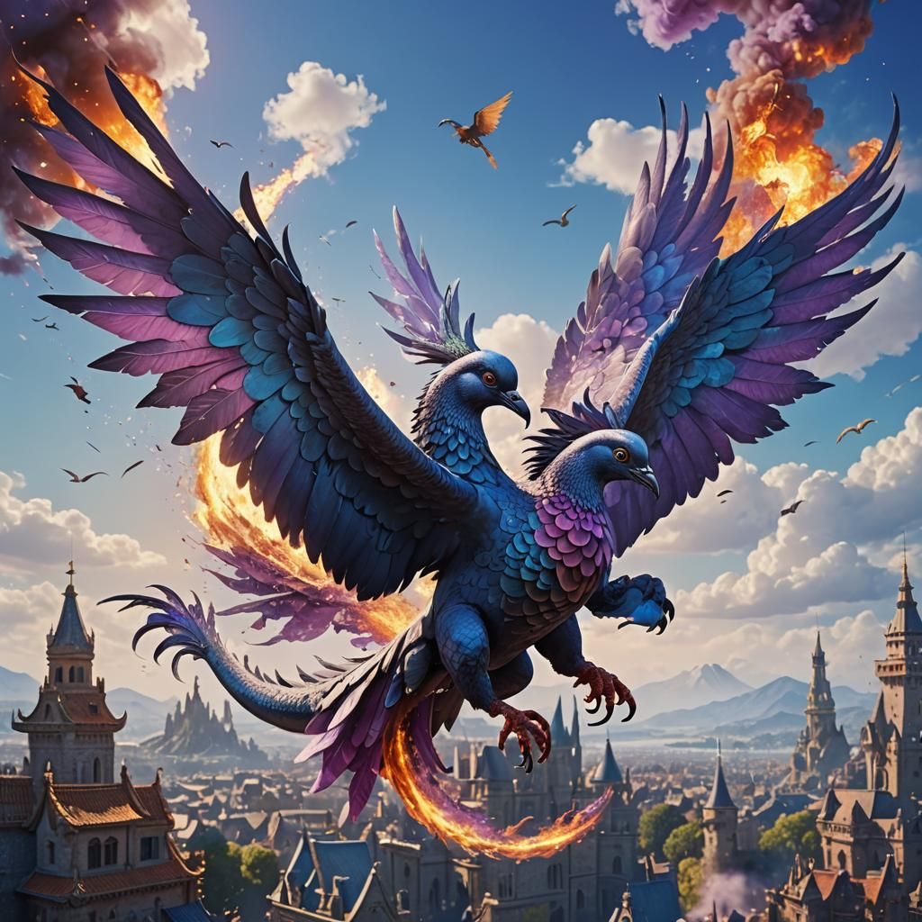 Two-Headed Pigeon with Dragon in Fantasy Art