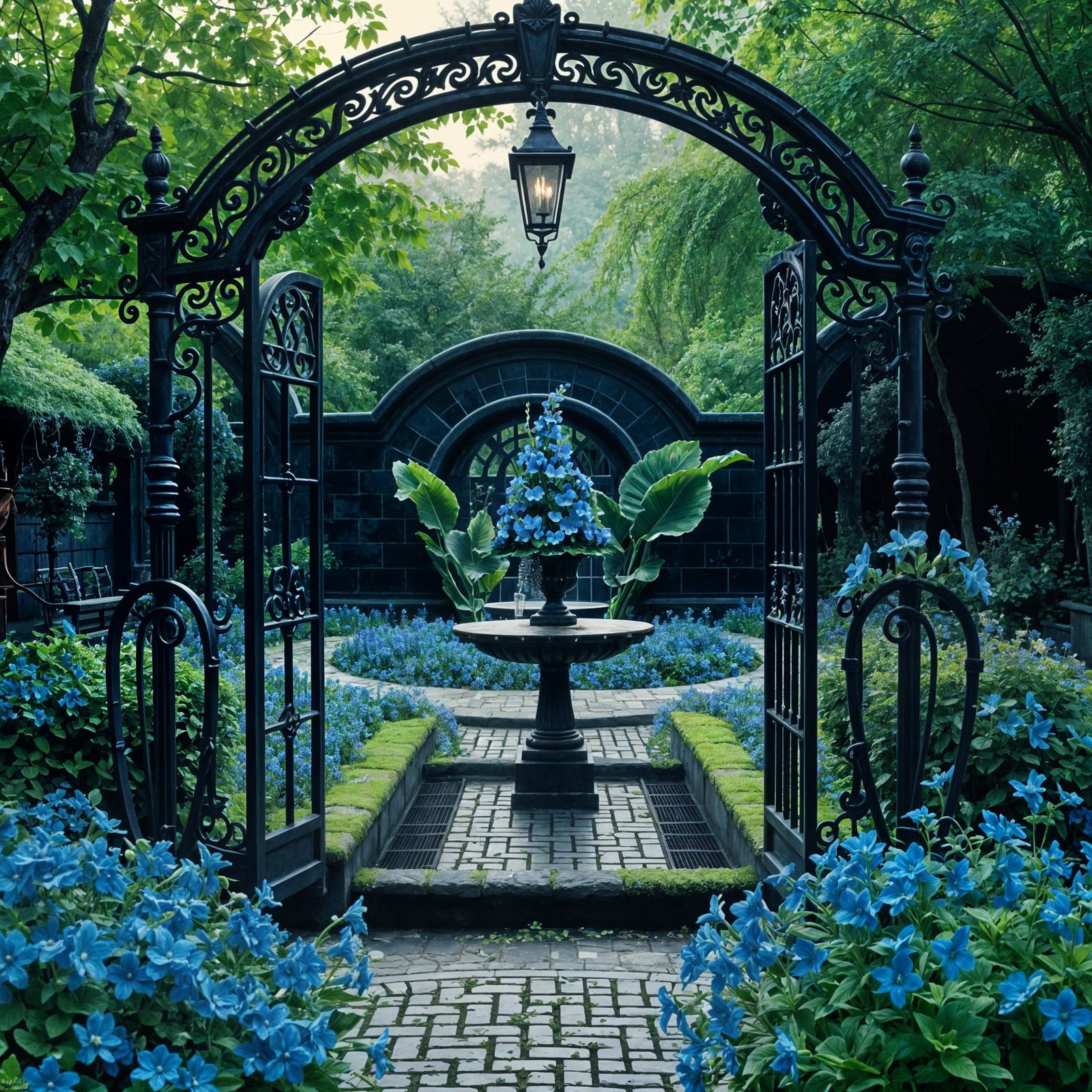 A dreamlike indigo-themed botanical garden bathed in soft twilight. The garden is lush and abundant, overflowing with la...