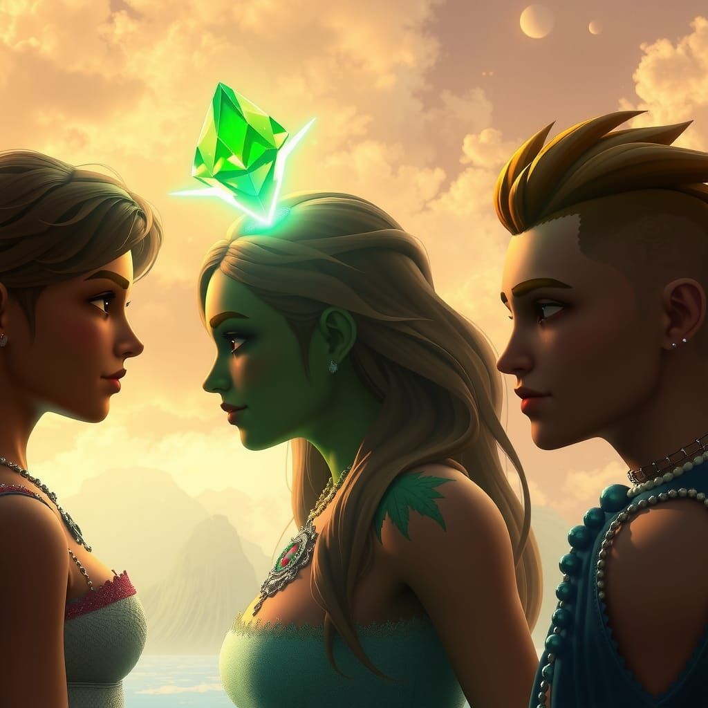 Sims 4 Characters with Glowing Plumbobs in Ethereal Setting