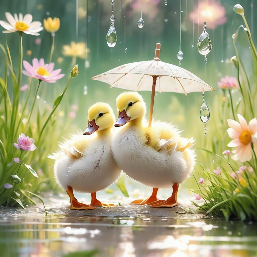 Impressionist Scene of Baby Ducks in a Rainy Field
