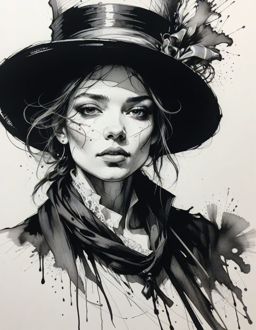 Monochromatic Ink Portrait with Silk Scarves