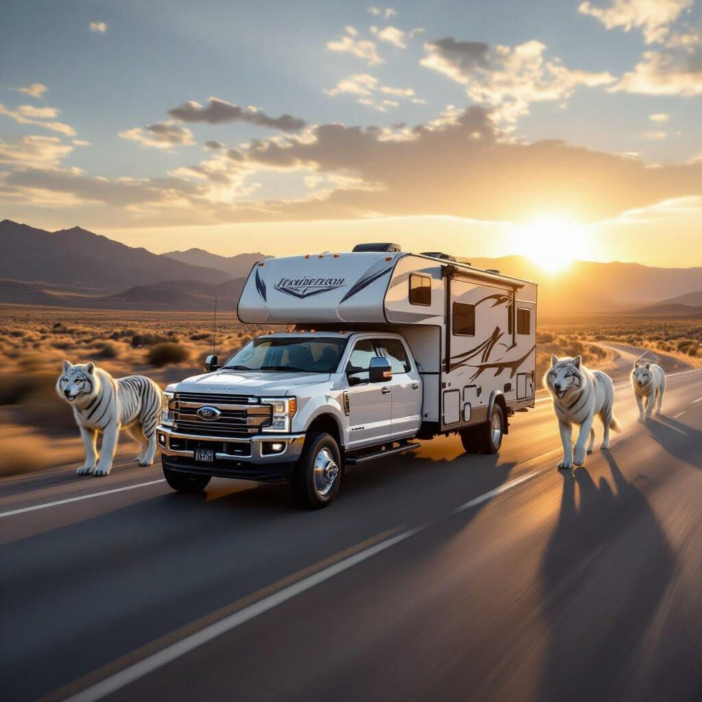 White F250 Truck with Animal Escort on Majestic Highway