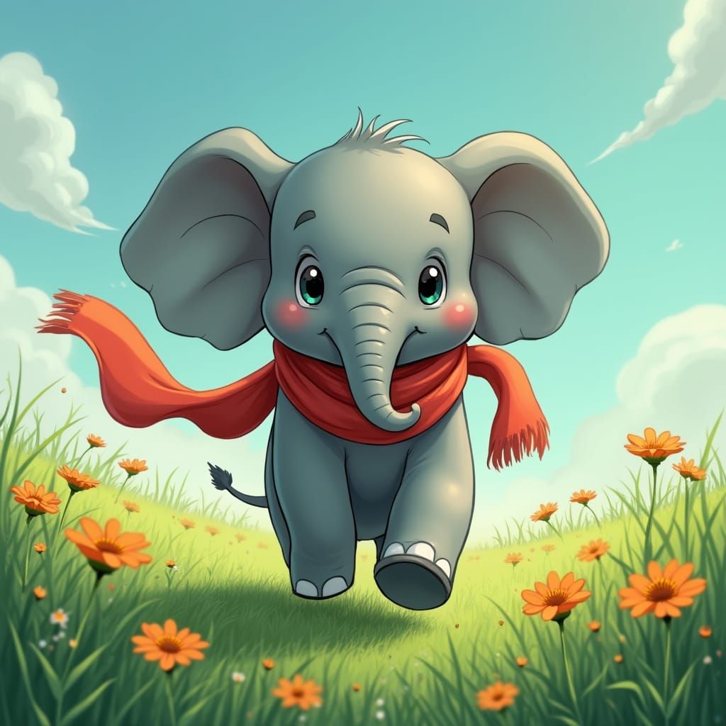 Cute Elephant Runs Free in Vibrant Field