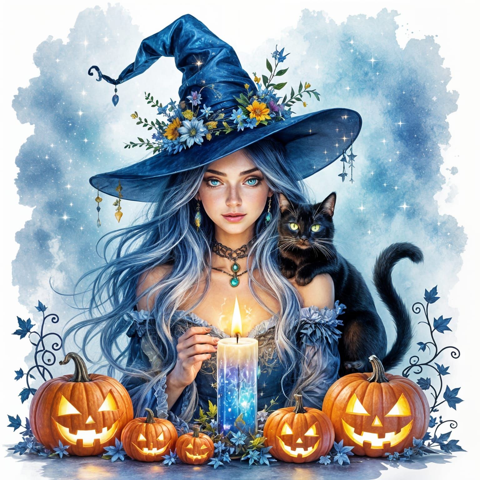 Mystical Witch with Glowing Blue Hair and Black Cat