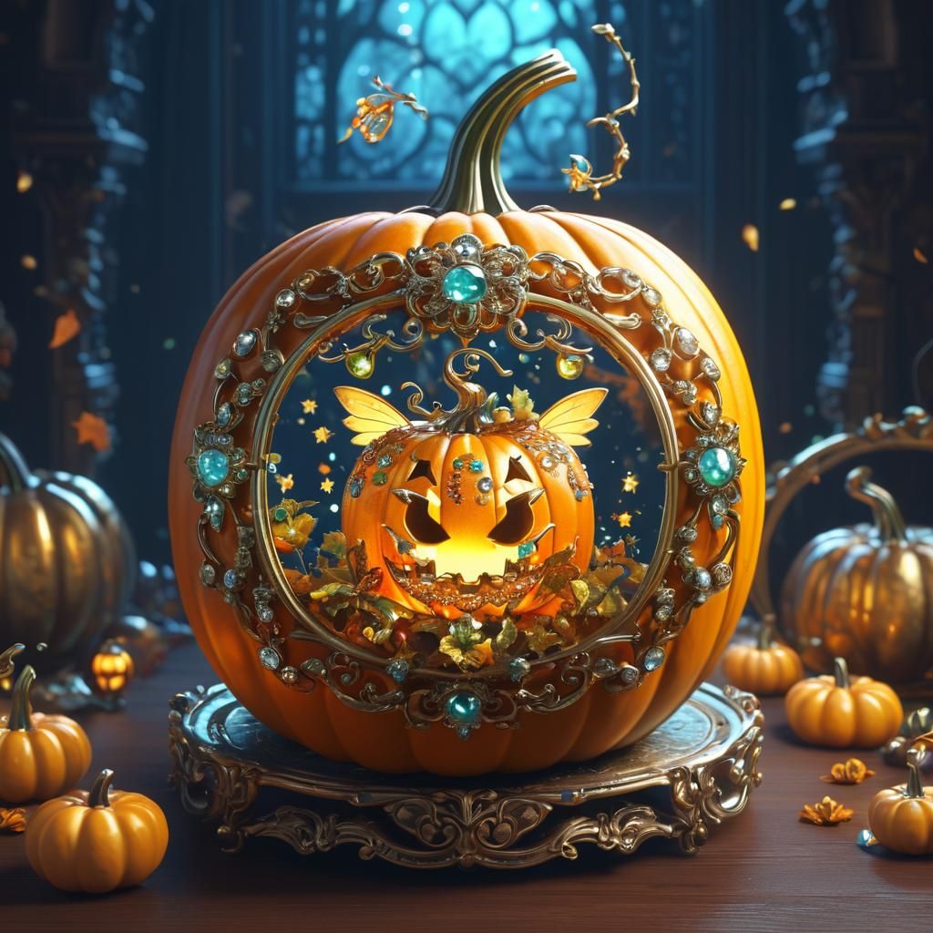 Ornate Bejeweled Pumpkin with Fairy in 3D Anime Art
