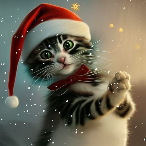 Cute Christmas Kitten with Gifts in Snow