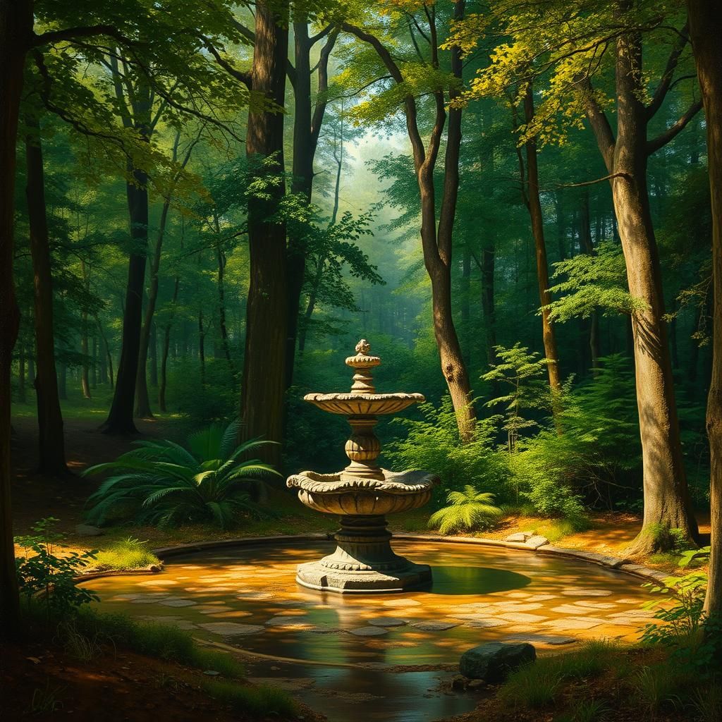 Mystical Forest Clearing with Stone Fountain, Old Masters St...