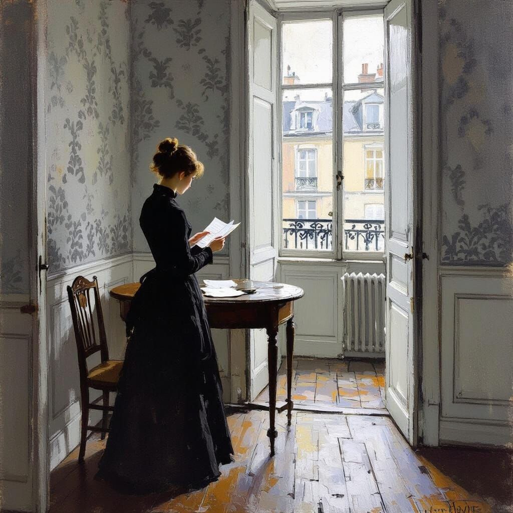 Woman Reading Letter in 19th-Century Impressionist Apartment