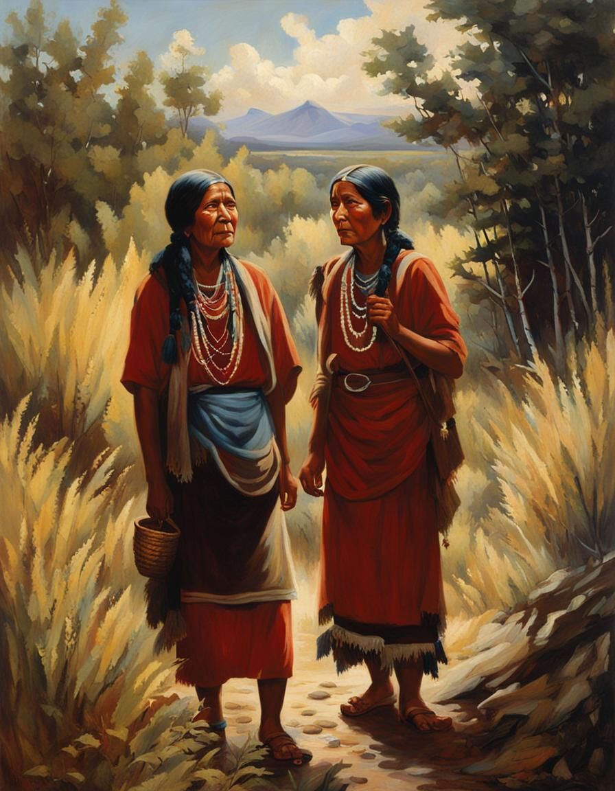 Native American Women Gathering Berries, Oil Painting