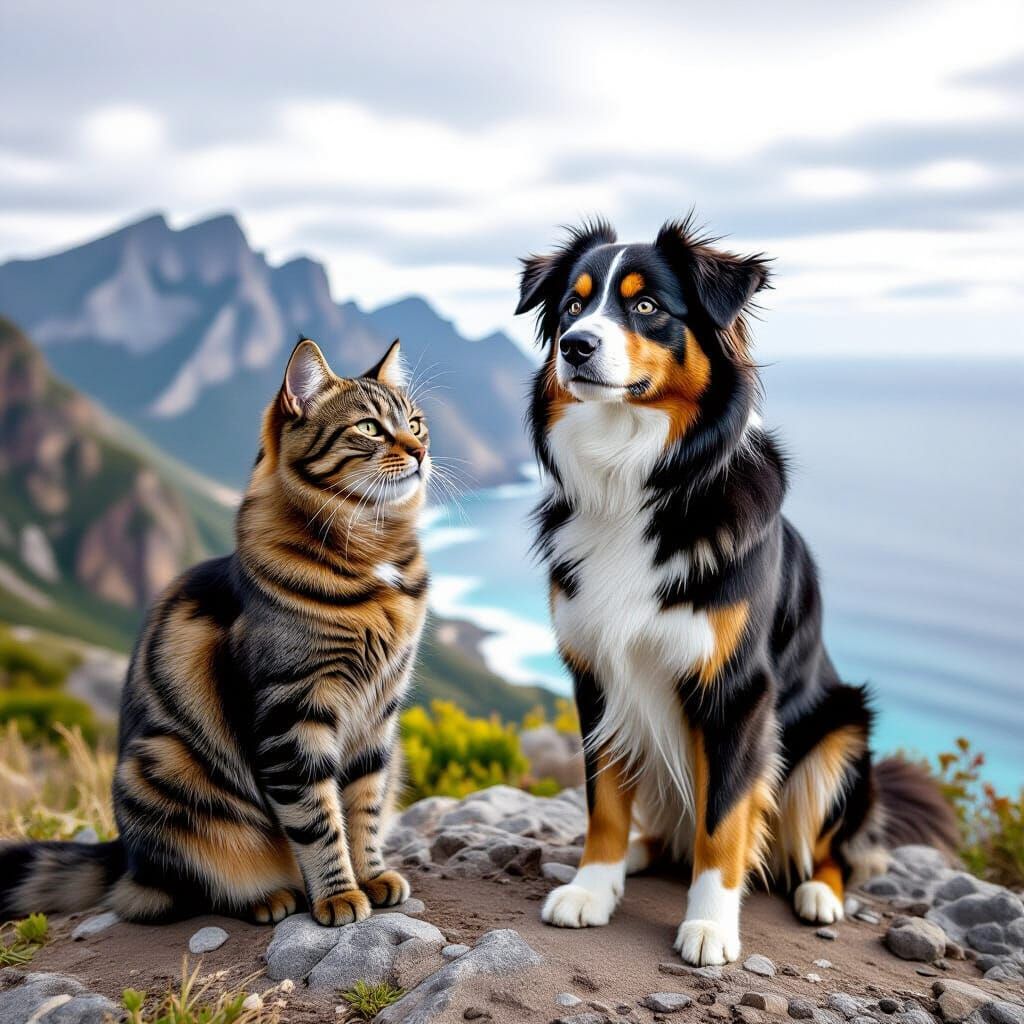 Cinematic Cat and Dog on Mountain Vista